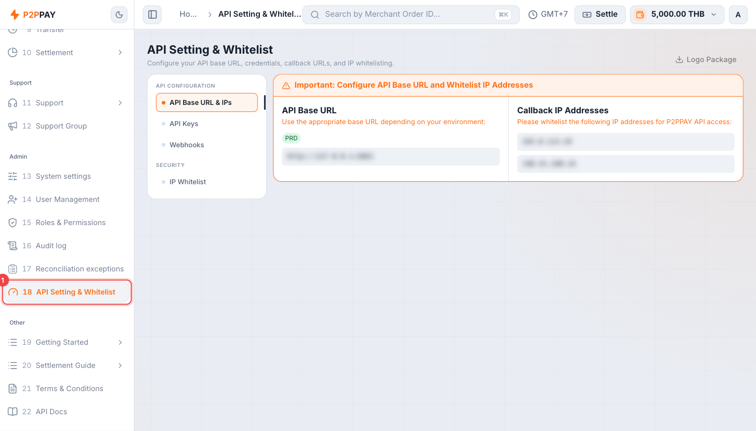 Dashboard — API Setting & Whitelist page with the left menu entry highlighted