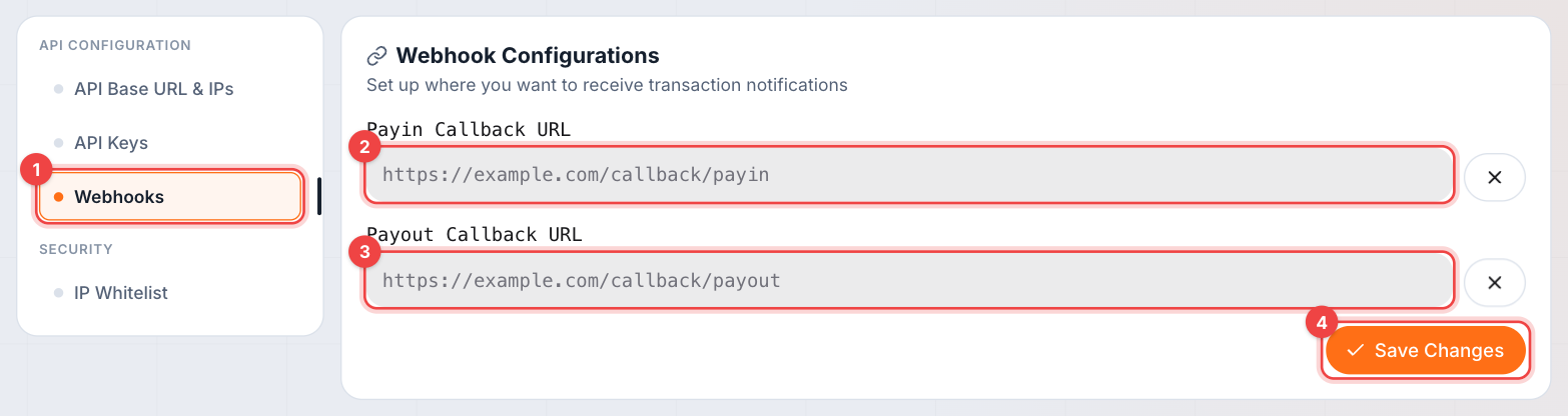 Dashboard — Webhook Configurations highlighting the Payin/Payout Callback URL fields and Save Changes