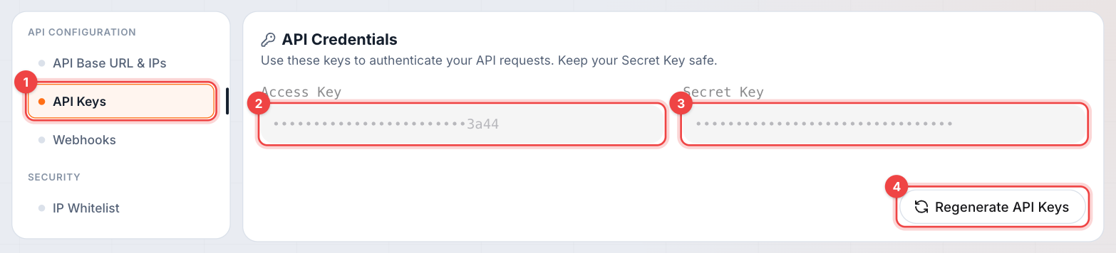 Dashboard — API Keys section showing the API key and credential-management actions